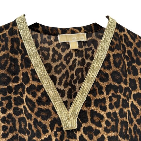 MICHAEL Michael Kors Leopard Print Top Medium Gold Metallic Trim Tunic Blouse - Picture 2 of 11